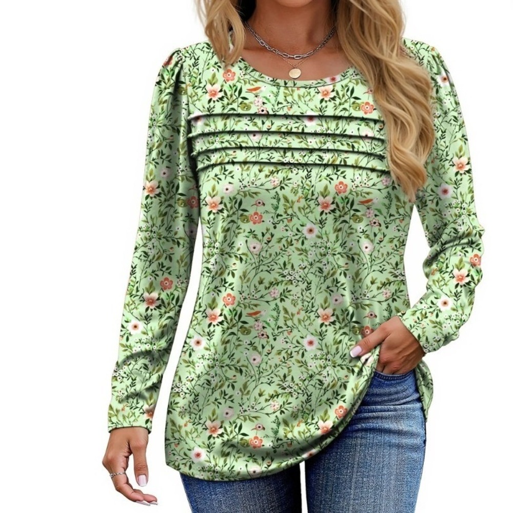 Fantaslook Sage Green Floral Bird Print Pintuck Long Sleeve Tunic Top‎ 3XL NEW
